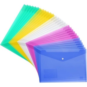 Set mapa documente plic H&S, 30 buc, format A4, din plastic, 33.5 x 23.5 cm, inchidere cu capsa, reutilizabile, Multicolor