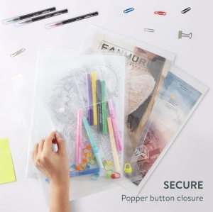 Set mapa documente plic H&S, 30 buc, format A4, din plastic, 33.5 x 23.5 cm, inchidere cu capsa, reutilizabile, Transparent - Img 3