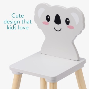 Set masa cu 2 scaune pentru copii Navaris, din lemn de pin si MDF, model koala, 50 x 50 x 38 cm, pentru joaca, desen sau luat masa, Gri - Img 4