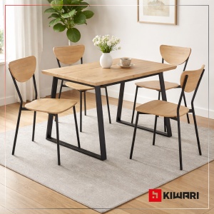 Set Masa cu 4 Scaune Kiwari® Oka, MDF si Metal, 110×70×75 cm, scaun 44x45x82 cm Design Modern, Stejar Natural & Negru - Img 8