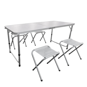 Set Mobilier Camping Kiwari® Camp, Masa 120 x 60 x 54-70 cm, 4 scaune 35 x 32 x 27.5 cm, Set Portabil si Pliabil Complet Picnic/Camping/Gradina/Terasa, Aluminiu/Plastic/Textil, Alb/Gri