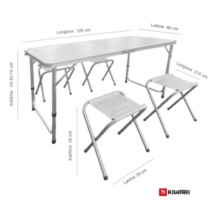 Set Mobilier Camping Kiwari® Camp, Masa 120 x 60 x 54-70 cm, 4 scaune 35 x 32 x 27.5 cm, Set Portabil si Pliabil Complet Picnic/Camping/Gradina/Terasa, Aluminiu/Plastic/Textil, Alb/Gri - Img 4