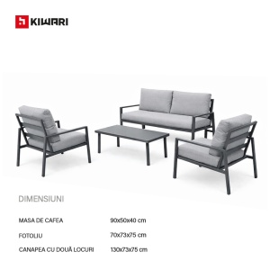 Set Mobilier Gradina Marbella Kiwari® 4 locuri, masa 90 x 50 x 40 cm, fotolii 70 x 73 x 75 cm canapea 130 x 73 x 75 cm, cadru metal, sticla 5 mm, perne detasabile 11 cm, Gri - Img 4