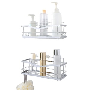 Set rafturi baie KincMax pentru dus, montaj fara gaurire, metal rezistent, 2 rafturi cu carlige, organizator perete, Argintiu
