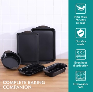 Set tavi pentru copt, Navaris, 5 piese, invelis antiaderent, marimi diverse, potrivite pentru briose, paine, pizza, din otel carbon, manere din silicon, Negru - Img 4