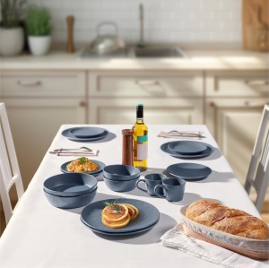 Set vesela din Ceramica Premium 16 piese, Navaris, pentru 4 persoane, design texturat, modern, compatibil cu masina de spalat si cuptor cu microunde, 2 tipuri de farfurii, boluri si cani, Albastru Fumuriu - Img 2