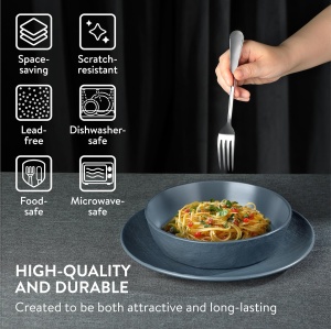 Set vesela din Ceramica Premium 16 piese, Navaris, pentru 4 persoane, design texturat, modern, compatibil cu masina de spalat si cuptor cu microunde, 2 tipuri de farfurii, boluri si cani, Albastru Fumuriu - Img 6