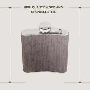 Sticla metalica de buzunar, Brynnberg, pentru tarie, 177 ml, imitatie lemn, Maro - Img 2