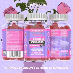 Supliment alimentar Women's Vitality Gummies, Nutrigums, Multivitamine, Probiotice, 19 nutrienti activi, pentru intestin, oase, energie, par, piele, vedere si imunitate, pentru femei, vegan, aroma de fructe de padure, 60 de jeleuri - Img 6