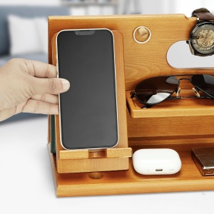 Suport de birou Belle Vous, organizator multifunctional, pentru telefon, ceas, ochelari, 26.5 x 15 x 18.5 cm, Maro deschis - Img 3