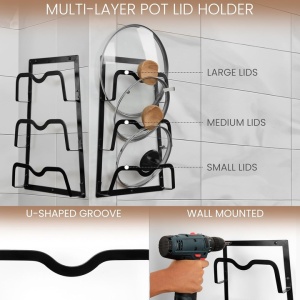 Suport Metalic Suspendat 3 in 1, Belle Vous, pentru ustensile de bucatarie, oale si capace, 80 x 30 x 8 cm, 10 carlige, Negru - Img 4