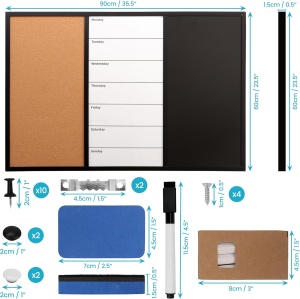 Tabla magnetica Kurtzy, 3in1, tabla creta, panou din pluta, tabla marker, 60 x 90 cm, accesorii incluse - Img 6