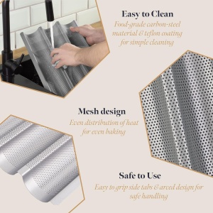 Tava de copt pentru baghete Gourmeo, pentru 3 baghete, antiaderenta, otel, 38.5 x 28.5 x 3.5 cm, Argintiu - Img 2