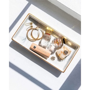 Tava decorativa din ceramica pentru baie si masa de toaleta, cu finisaj alb de marmura, pentru lumanari si bijuterii, Suport elegant pentru parfumuri si accesorii, 23 x 11.5 x 2.5 cm - Img 5