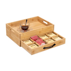 Tava pentru ceai cu sertar pentru plicuri Navaris, 40.6x28x12.7 cm, maro, bambus
