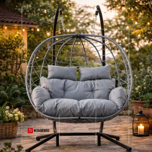 Balansoar suspendat dublu tip cuib Kiwari® Duo, cuib 68 x 126 x 114 cm, suport metalic 200 cm cu baza stabila cu patru picioare, plastic rezistent, leagan relaxare pentru casa/gradina/terasa/balcon, Gri - Img 4