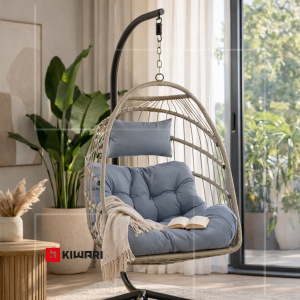 Balansoar suspendat tip cuib Kiwari® Zen, cuib 60 x 80 x 116 cm, suport metalic 200 cm cu baza stabila cu patru picioare, plastic rezistent, leagan relaxare pentru casa/gradina/terasa/balcon, Negru - Img 2