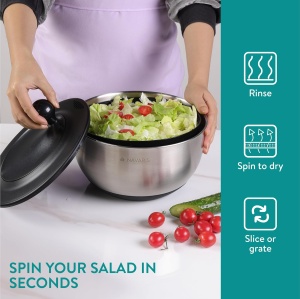 Bol multifunctional Navaris cu centrifuga pentru salata, 5 discuri interschimbabile pentru feliere si razuire, sita inclusa, inox, baza antiderapanta, Argintiu - Img 3