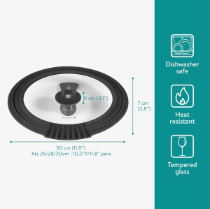 Capac universal pentru oale si tigai Navaris, sticla termorezistenta, margine pentru scurgere, compatibil 26/28/30 cm, Transparent/Negru - Img 5
