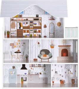 Casa de papusi din lemn Navaris, cu 3 etaje, cu mobilier si accesorii, 5 camere si balcon, 69.5x62x27 cm - Img 3