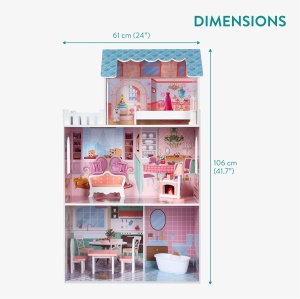 Casuta pentru papusi Navaris, din MDF, 3 etaje, 4 camere si balcon, 9 piese mobilier, 106 x 61 x 33 cm, Multicolor - Img 5