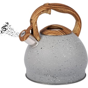 Ceainic fluierator Belle Vous, din otel inoxidabil, 3 L, maner rezistent la caldura, 19.5 x 24, compatibil cu toate tipurile de caldura, Gri/Maro