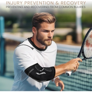 Compresie pentru cot, COMPRESS PRO, antiderapant, material respirabil, pentru ameliorarea durerilor, tendita, antrenamente, tenis, golf, baschet, marimea S, Negru/Alb - Img 3