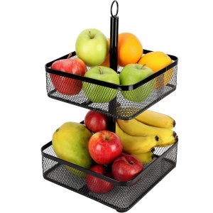 Cos de fructe Belle Vous, 2 niveluri, in metal, organizator multifunctional, 25.5 x 37 cm, capacitate de incarcare 5 kg, Negru