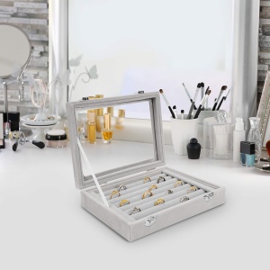 Cutie organizatoare pentru bijuterii Kurtzy, 7 compartimente pentru inele, capac din sticla, interior catifea, inchidere cu capse metalice, 20 x 15 x 4.7 cm, Gri - Img 3