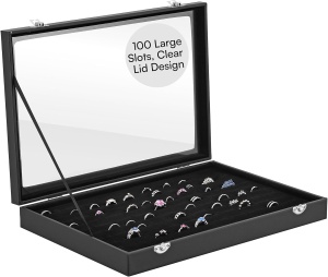Cutie pentru bijuterii H&S, 35 x 24 x 4.5 cm, organizator pentru inele si cercei, piele ecologica, capac transparent, negru