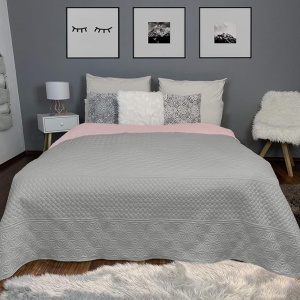 Cuvertura de pat sau canapea reversibila HOMELEVEL, 220 x 240 cm, matlasata, cu doua fete, poliester, Roz/Gri