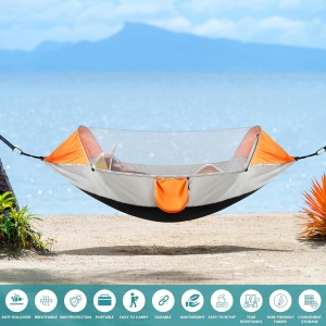 Hamac de camping, Belle Vous, cu plasa anti-tantari, material 210T Nylon, 250x80 cm, portabil, buzunar lateral depozitare, chingii de prindere si carabiniere, Gri/Portocaliu - Img 2
