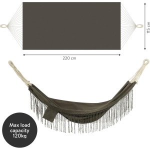 Hamac HOMELEVEL, din bumbac, 220 x 115 cm, cu franjuri, greutate maxima suportata 120 kg, interior/exterior, Gri inchis - Img 3