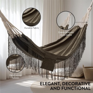 Hamac HOMELEVEL, din bumbac, 220 x 115 cm, cu franjuri, greutate maxima suportata 120 kg, interior/exterior, Gri inchis - Img 5