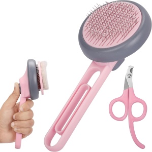 Kit de Ingrijire Animale de Companie, Belle Vous, Perie autocuratabila, Cleste unghii, pentru Caini/Pisici, Roz