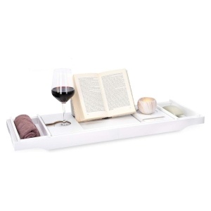Masuta extensibila pentru cada Navaris, din bambus, 75–108 cm, masuta de servire la pat, cu suport pentru carte, tableta si pahar, Alb