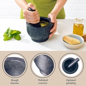 Mojar cu pistil Gourmeo, granit, 7cm adancime, negru, set pentru condimente si ierburi - Img 5