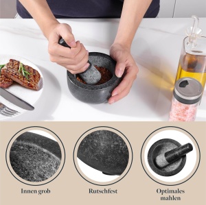 Mojar cu pistil profesional, Gourmeo, din granit, 300 ml, 12 x 12 x 7 cm, usor de curatat, Negru - Img 3
