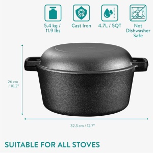 Oala cuptor olandez cu capac Navaris din fonta, 4.7 l, 2in1, pentru cuptor, plita, gaz, electric, cu inductie, 32 cm - Img 7