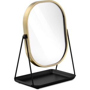 Oglinda Cosmetica Navaris, Rotativa 360°, Ovala, 2 Fete 1x/3x, cu Baza Metalica si Tava pentru Bijuterii, 18 x 22.6 cm, Negru/Auriu