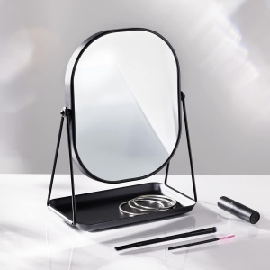 Oglinda cosmetica Navaris, rotativa 360°, ovala, cu baza metalica si tava pentru bijuterii, 18 x 28 cm, Negru - Img 5