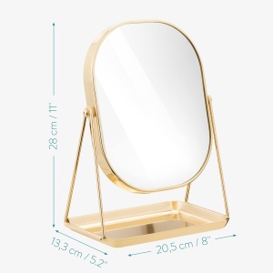 Oglinda cosmetica Navaris, rotativa 360°, ovala, cu baza metalica si tava pentru bijuterii, 18 x 28 cm, Auriu - Img 4