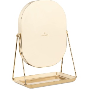 Oglinda cosmetica Navaris, rotativa 360°, ovala, cu baza metalica si tava pentru bijuterii, 18 x 28 cm, Auriu - Img 5