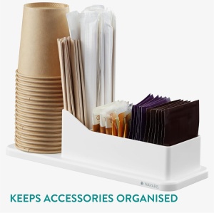 Organizator accesorii cafea Navaris, 24.4 x 8.7 x 6.8 cm, din plastic, pentru zahar, capsule, pahare, Alb - Img 6