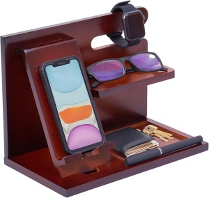 Organizator de birou din lemn, OfficeWorld, raft din bambus pentru birou sau noptiera, suport pentru pixuri, suport pentru telefon, raft pentru accesorii mici, 26 x 15 x 19 cm, maro