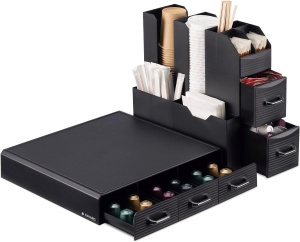 Organizator pentru cafea si ceai Navaris, suport pentru aparat cu 3 sertare pentru capsule si compartimente pentru acesorii, negru - Img 2