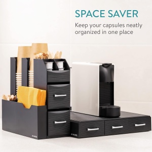 Organizator pentru cafea si ceai Navaris, suport pentru aparat cu 3 sertare pentru capsule si compartimente pentru acesorii, negru - Img 6