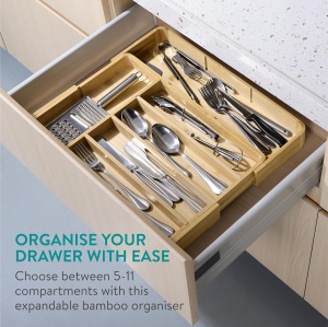 Organizator pentru tacamuri Navaris, extensibil, din bambus, 50 x 43 x 4.8 cm, 5-11 compartimente, Maro - Img 3