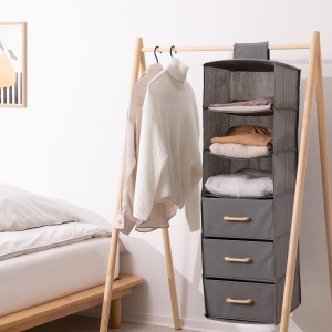 Organizator suspendat pentru dulap Navaris, cu 3 rafturi si 3 sertare, 35 x 30 x 108 cm, pliabil, manere din lemn de fag, Gri - Img 2