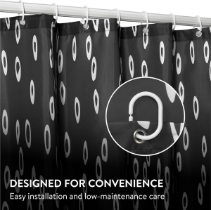 Perdea de dus JEMIDI, impermeabila, din poliester, 180 x 180 cm, 12 carlige din plastic, design decorativ, Negru - Img 6